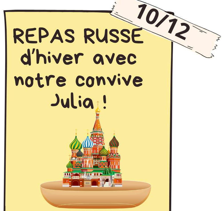 Affiche. Etterbeek, KOM à la maison. Repas russe d|hiver avec notre convive Julia. 2023-12-10